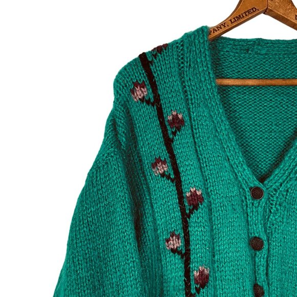 Vintage Handknit Fuzzy Cherry Blossom Cardigan, Vibrant Teal Green Sweater - Picture 4 of 5